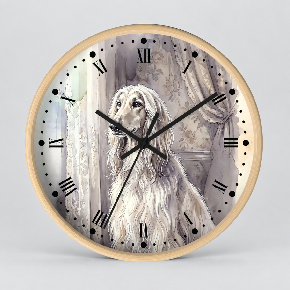 Round wall clock with a light wood frame and a printed illustration of a long-haired white dog in a vintage interior, with black Roman numerals and hands on a light gray background.