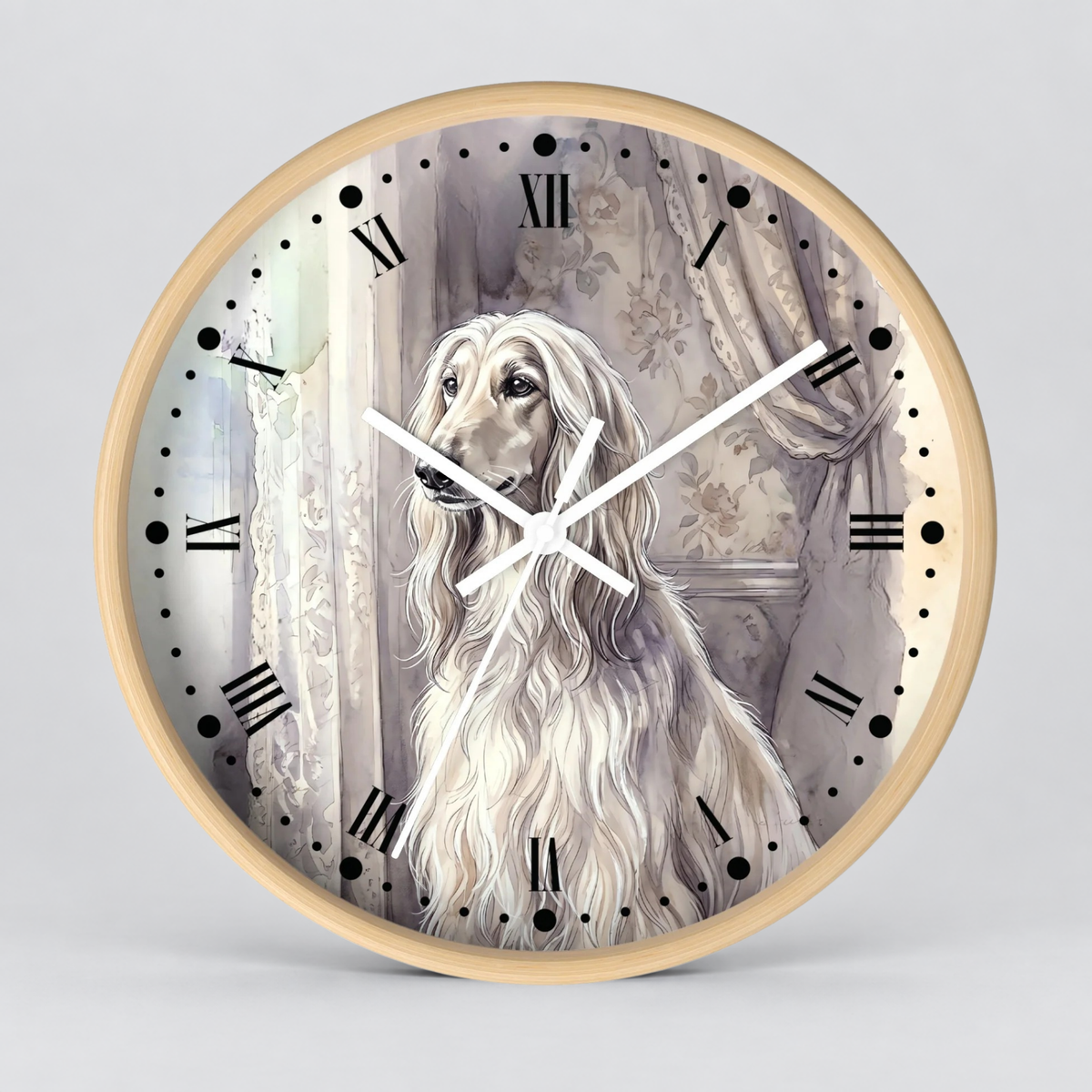 Round wall clock with a light wood frame and a printed illustration of a long-haired white dog on the face, with black Roman numerals and white clock hands, shown against a light gray background.