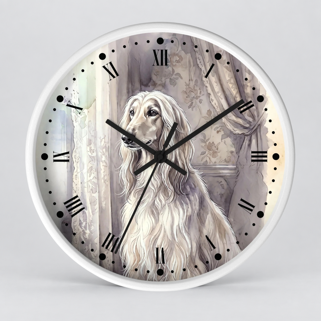 Round wall clock with a white frame and a printed illustration of a long-haired white dog on the face, with black Roman numerals and hands, shown against a light gray background.