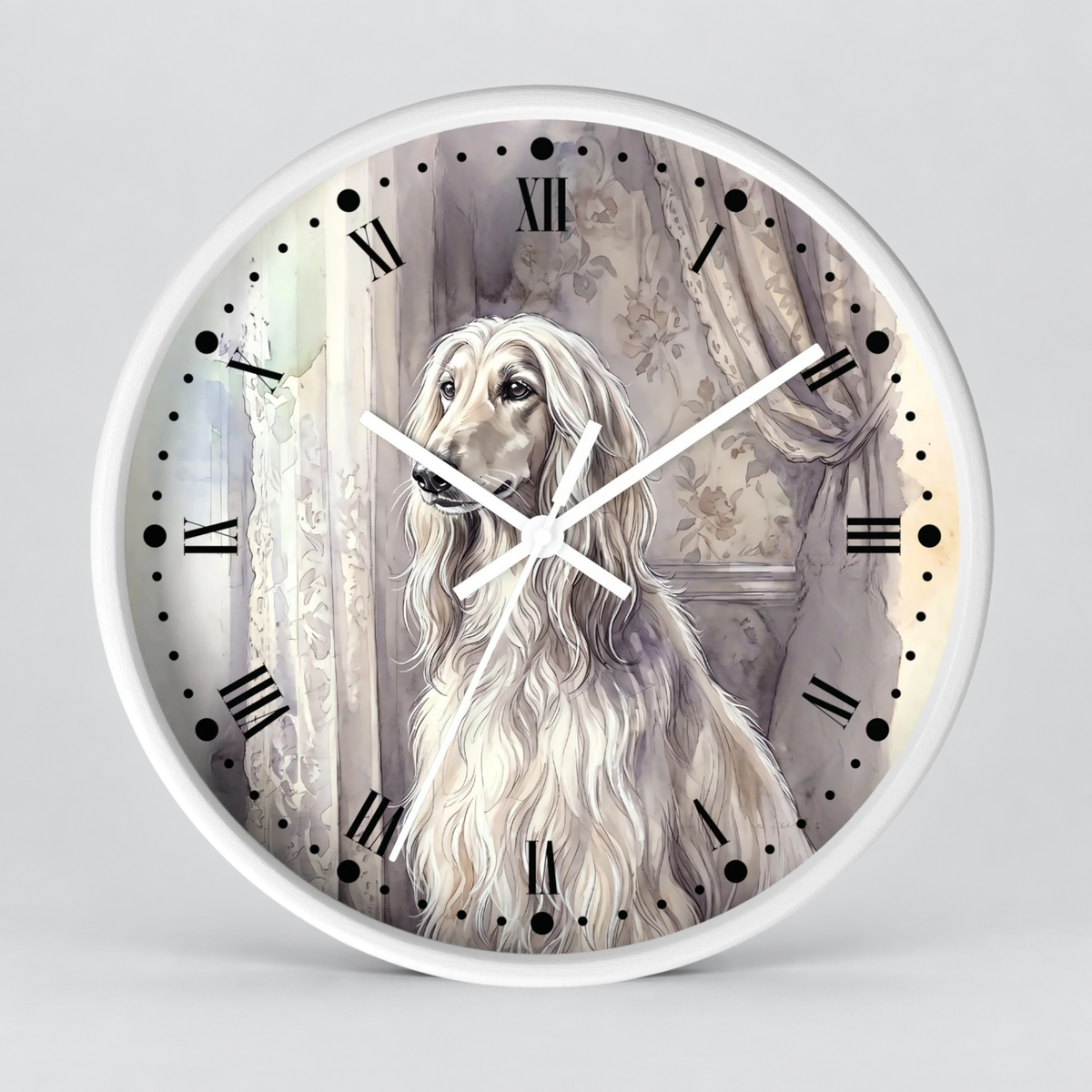 Round wall clock with a white frame and a printed illustration of a long-haired white dog in front of curtains, with black Roman numerals and white hands on a light gray background.