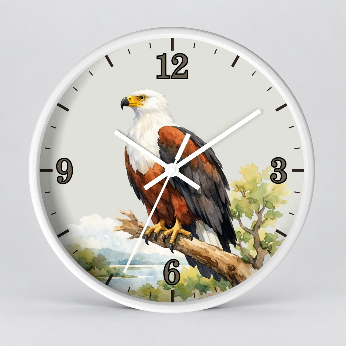 A round wall clock with a white frame and a printed bird-of-prey design on the face, showing a white and brown eagle perched on a branch against a light gray background.