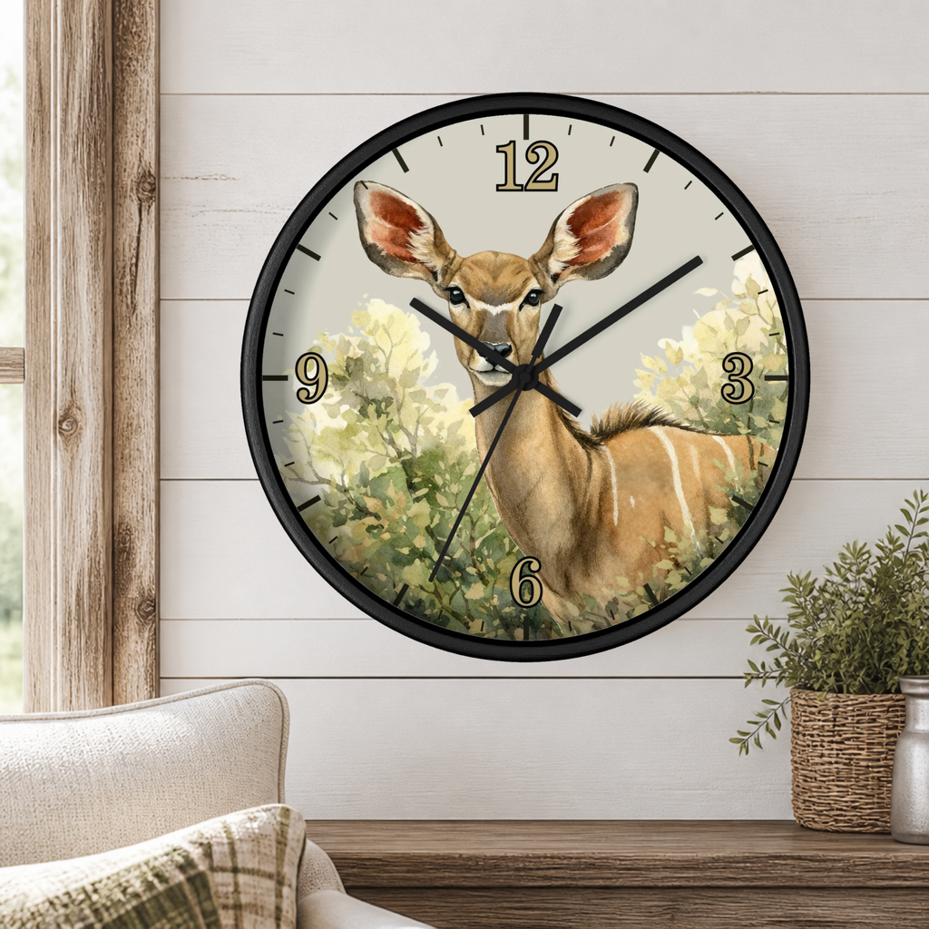 A round wall clock with a black frame and a printed antelope illustration in the center, mounted on a white shiplap wall above a wooden mantel with a small plant and part of a sofa visible.