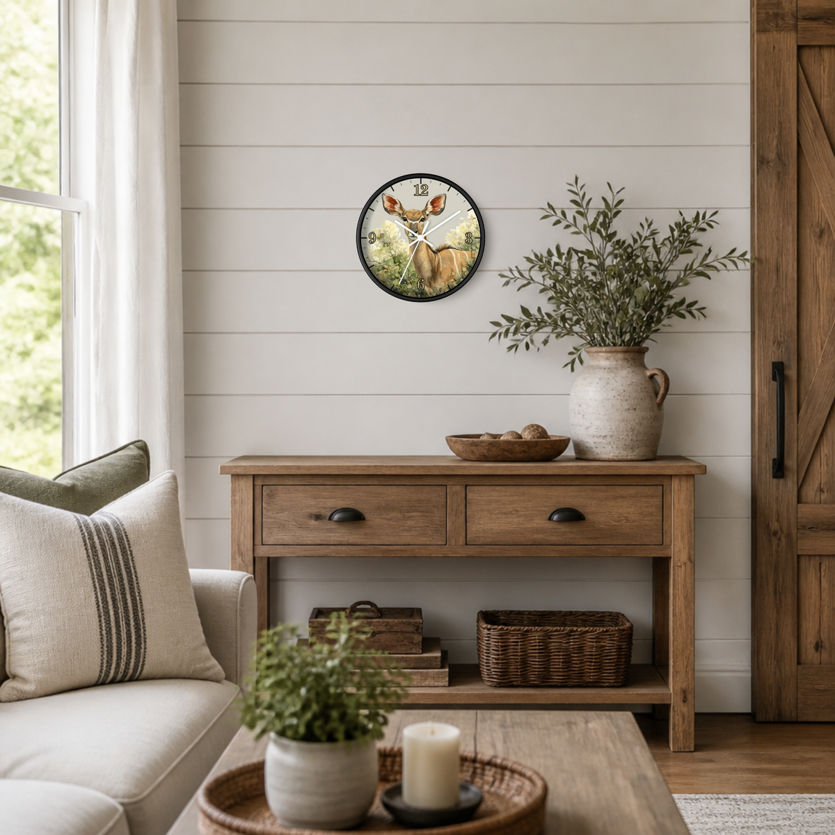 A round wall clock with a rustic black frame and colorful antelope illustration hangs on a white shiplap wall above a wooden console table in a bright, modern farmhouse-style living room.