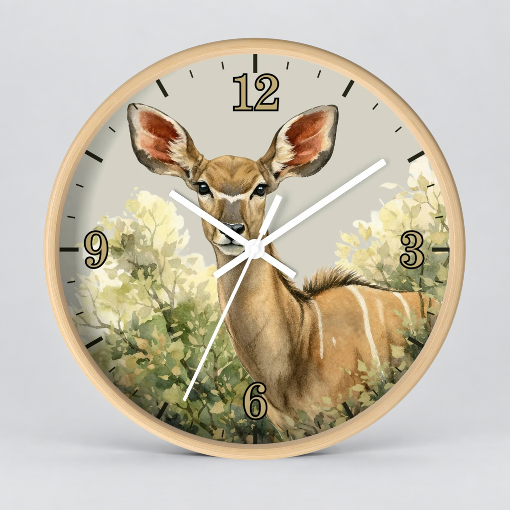 A round wall clock with a light wood frame and a printed deer illustration on the face. The clock has black Arabic numerals and white hands, photographed against a plain light gray background.