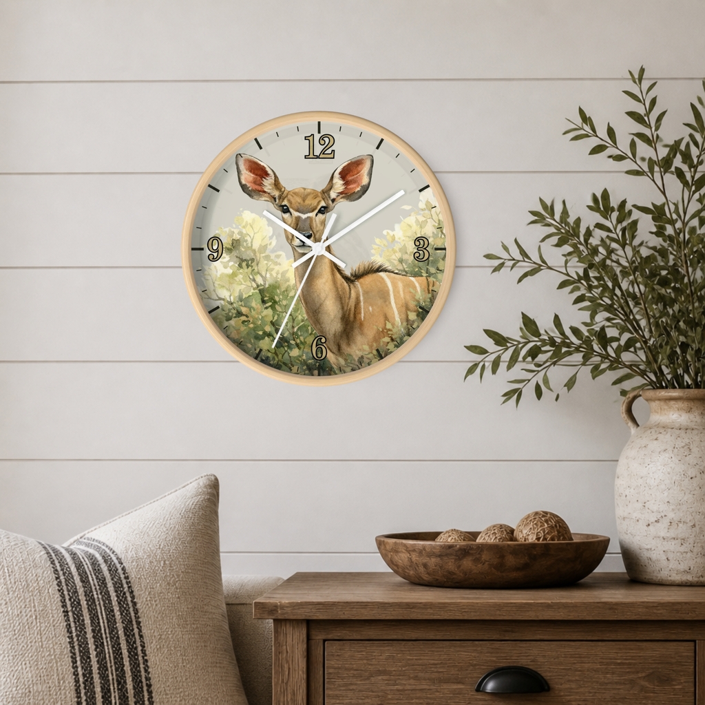 A round wall clock featuring a painted antelope illustration, mounted on a white shiplap wall above a wooden side table with a vase and bowl.