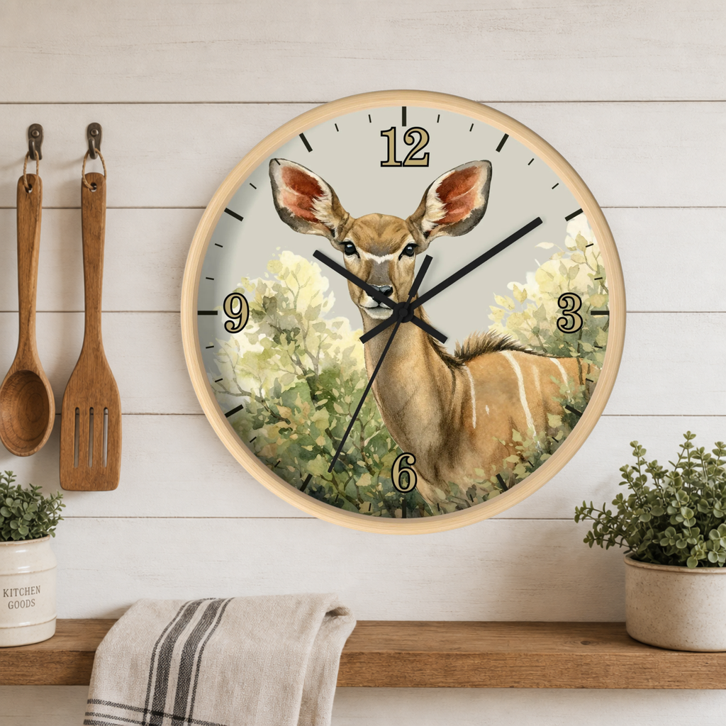 Round wall clock with a natural wood frame and a printed antelope and floral face, mounted on a white wood plank kitchen wall above a shelf with utensils, plants, and a towel.