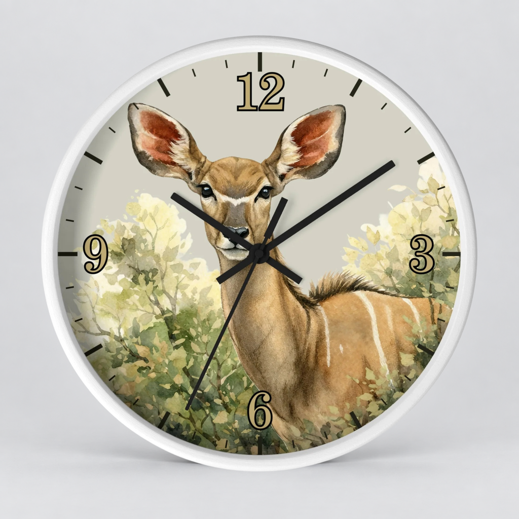 A round wall clock with a white frame and a printed deer illustration on the face. The clock shows a tan deer standing among green and cream foliage, with black hands and gold Arabic numerals on a light beige dial.
