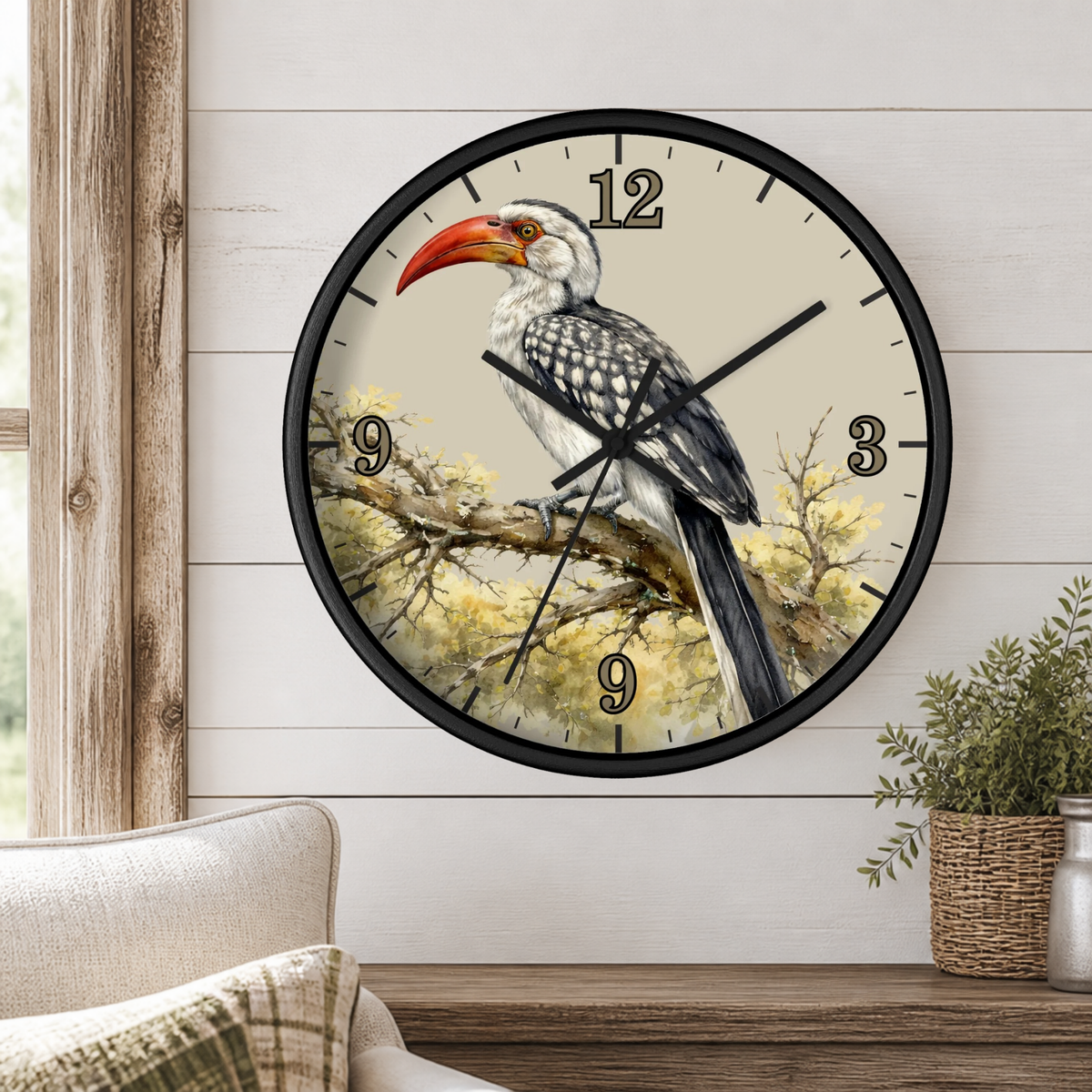 Watercolor Hornbill Wall Clock — Vintage Bird Decor