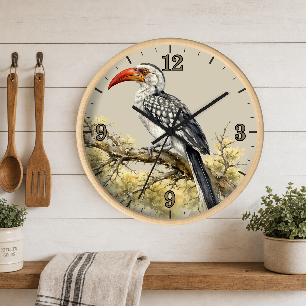 Watercolor Hornbill Wall Clock — Vintage Bird Decor