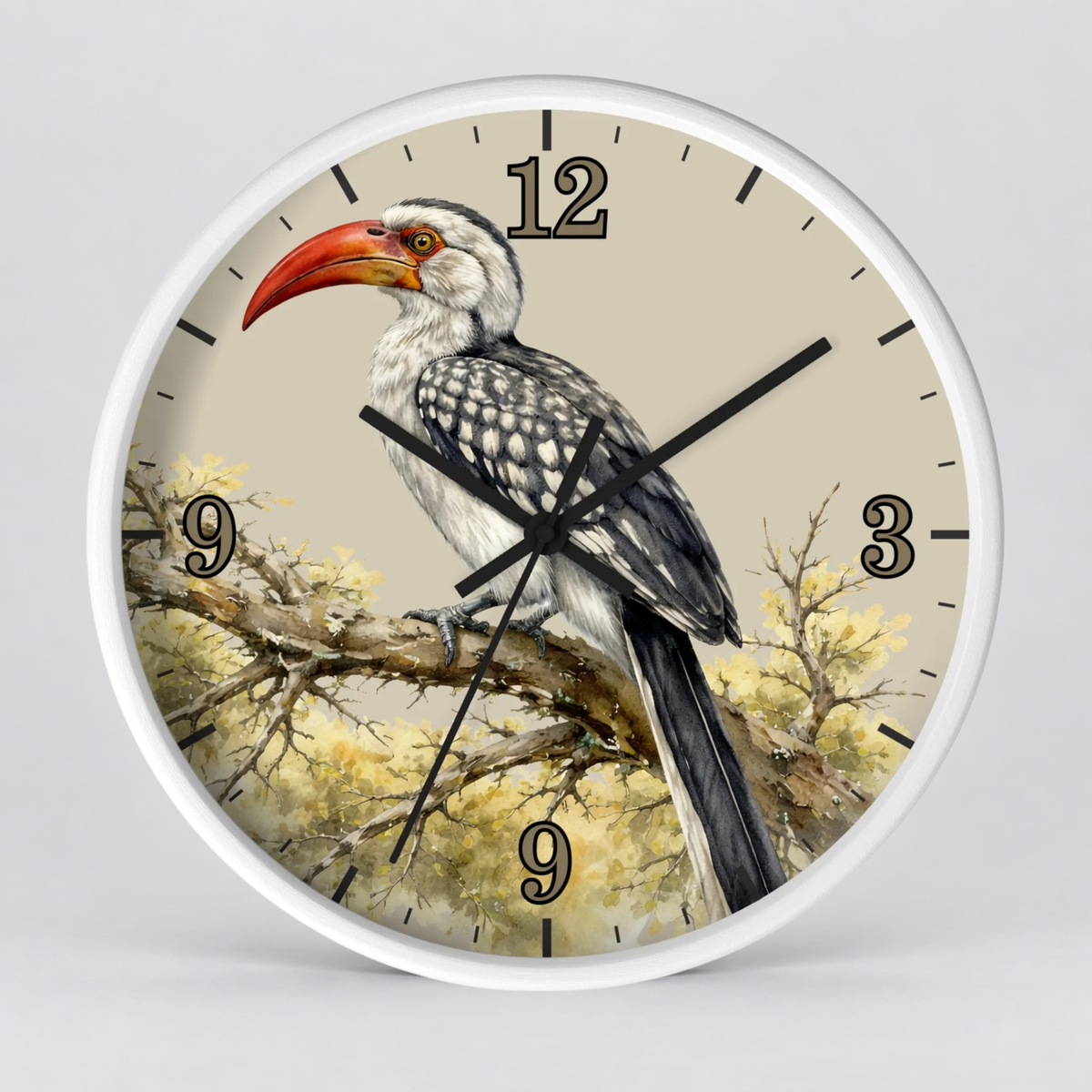 Watercolor Hornbill Wall Clock — Vintage Bird Decor