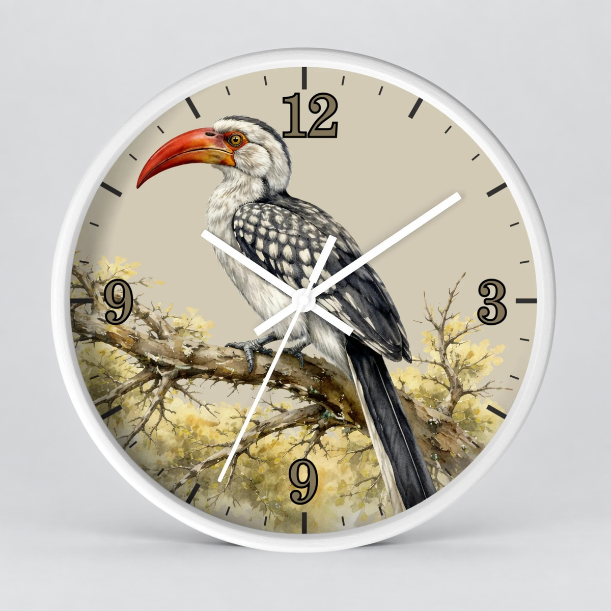 Watercolor Hornbill Wall Clock — Vintage Bird Decor