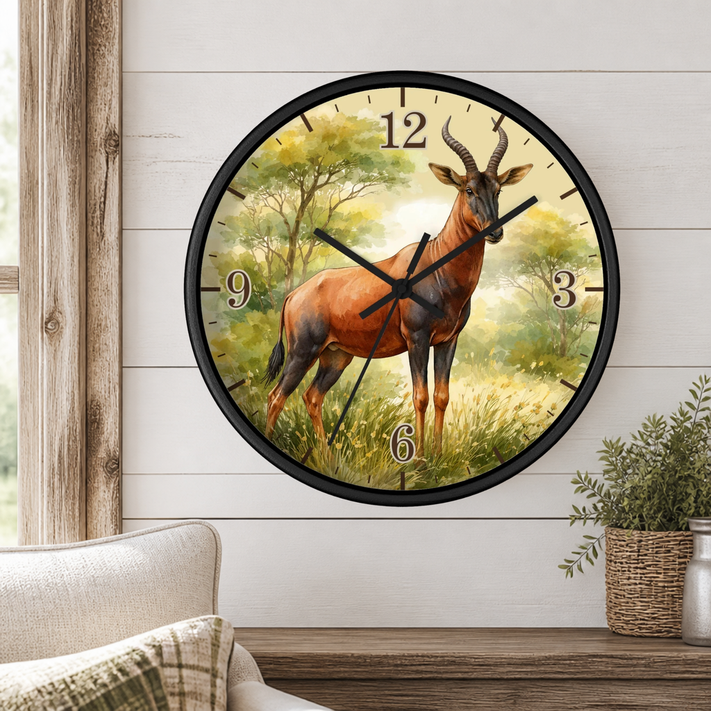 African Topi Antelope Wall Clock — Watercolor Wildlife Home Decor
