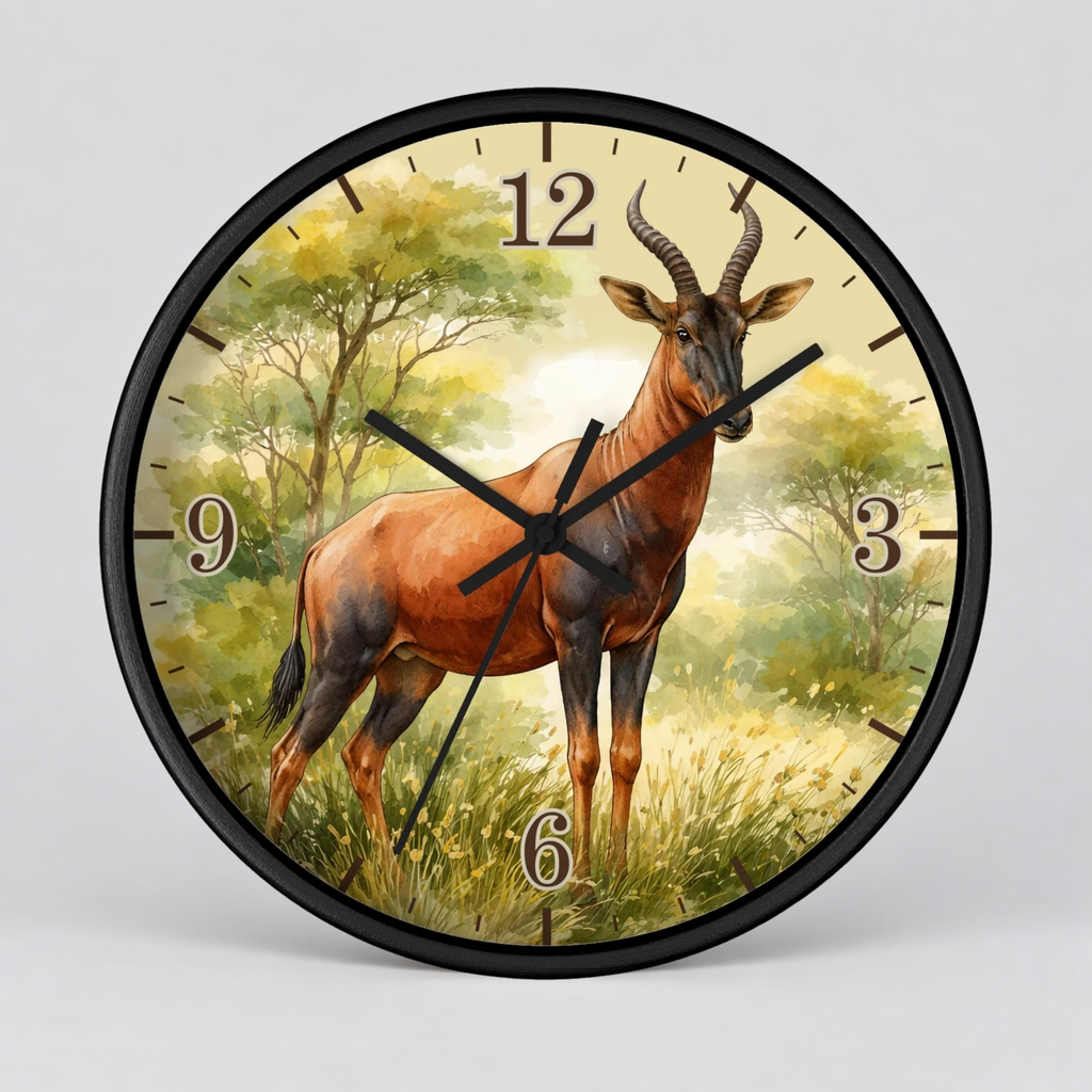 Round wall clock with a black frame and a printed safari scene featuring a topi antelope on the clock face, with black hands and Arabic numerals.