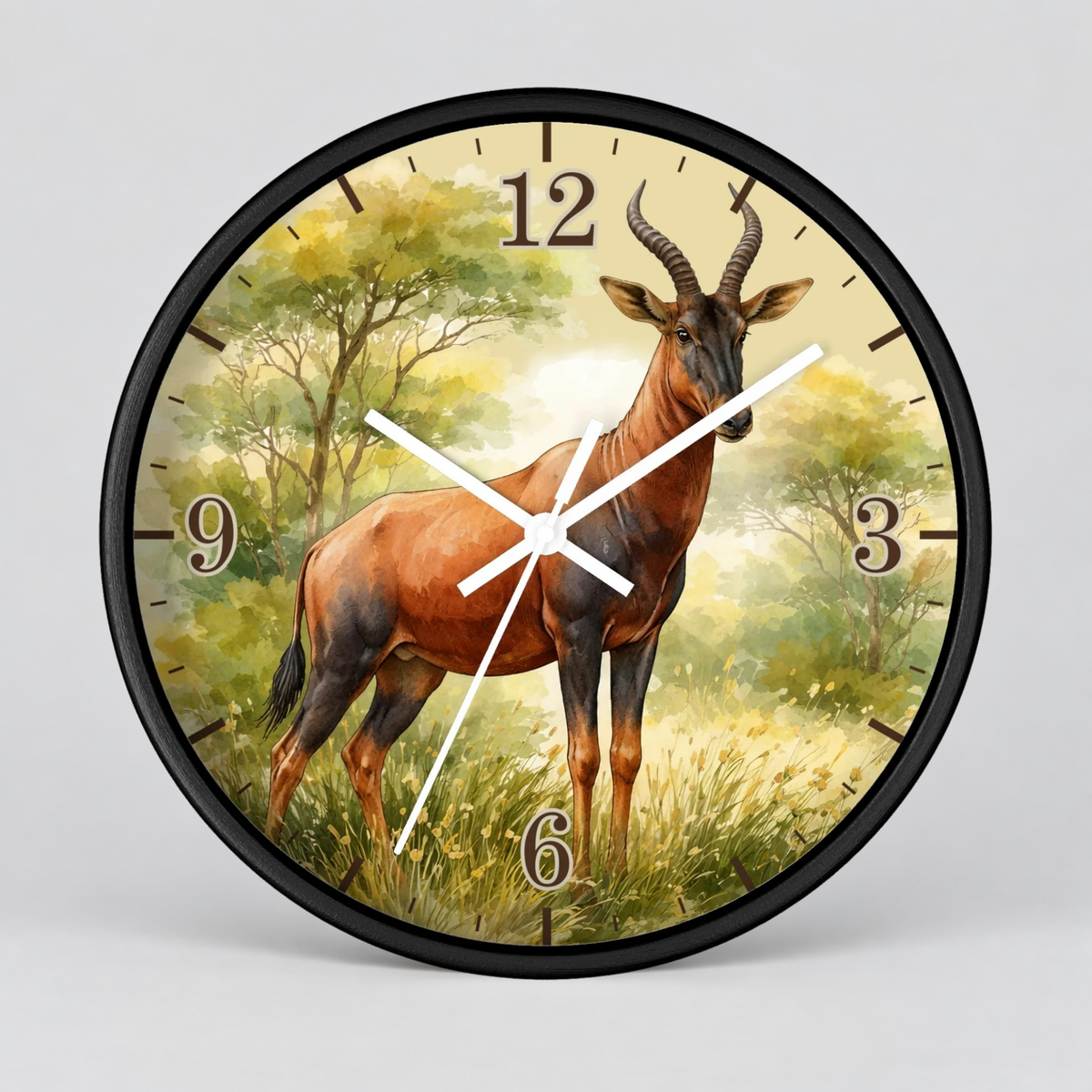 African Topi Antelope Wall Clock — Watercolor Wildlife Home Decor