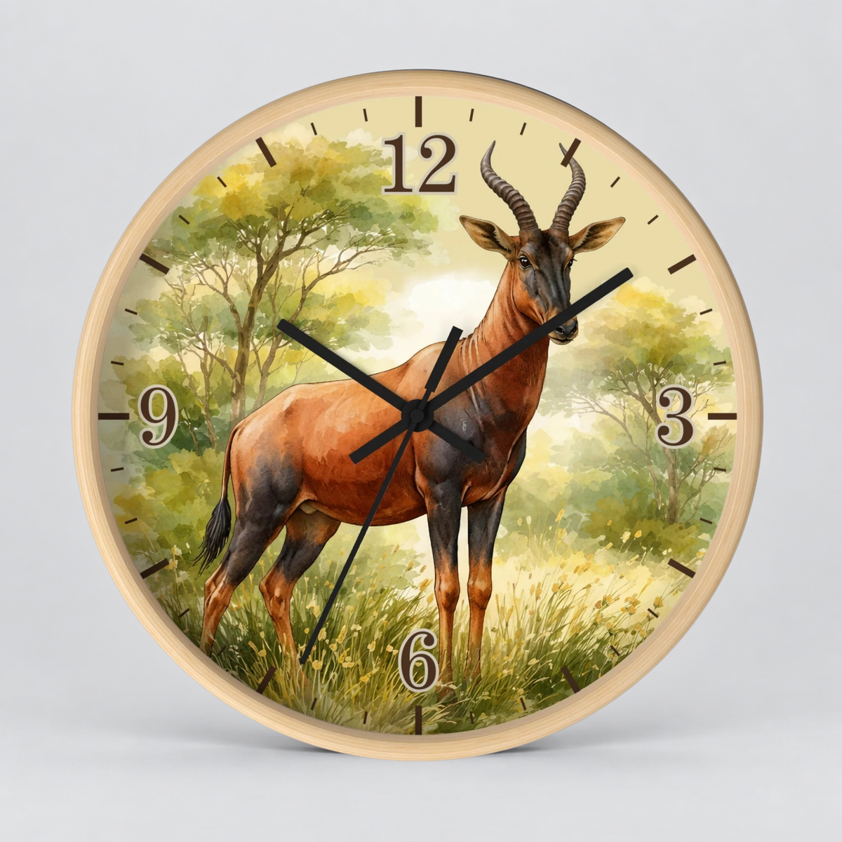 African Topi Antelope Wall Clock — Watercolor Wildlife Home Decor