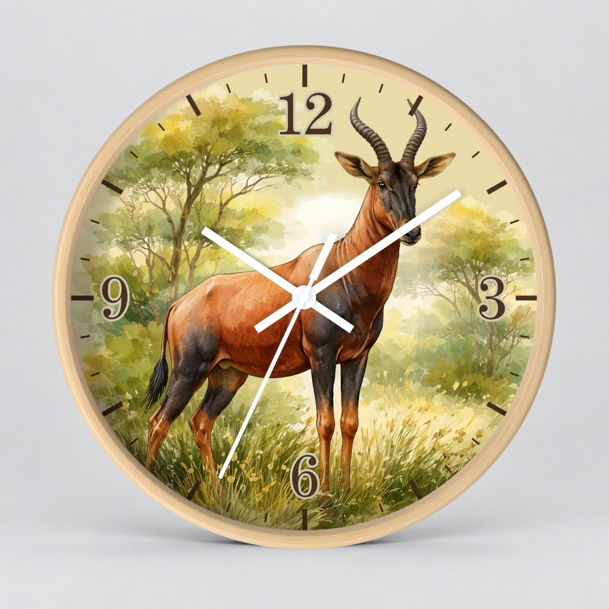 African Topi Antelope Wall Clock — Watercolor Wildlife Home Decor