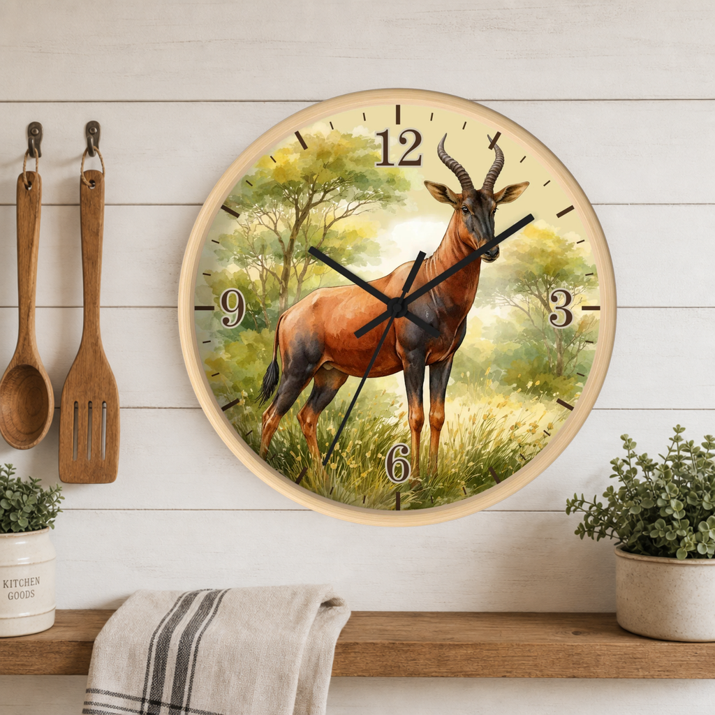 Round wall clock with a natural wood frame featuring a painted antelope standing in a grassy landscape. The clock is mounted on a white wood-paneled wall above a wooden shelf with kitchen utensils, a towel, and small potted plants.