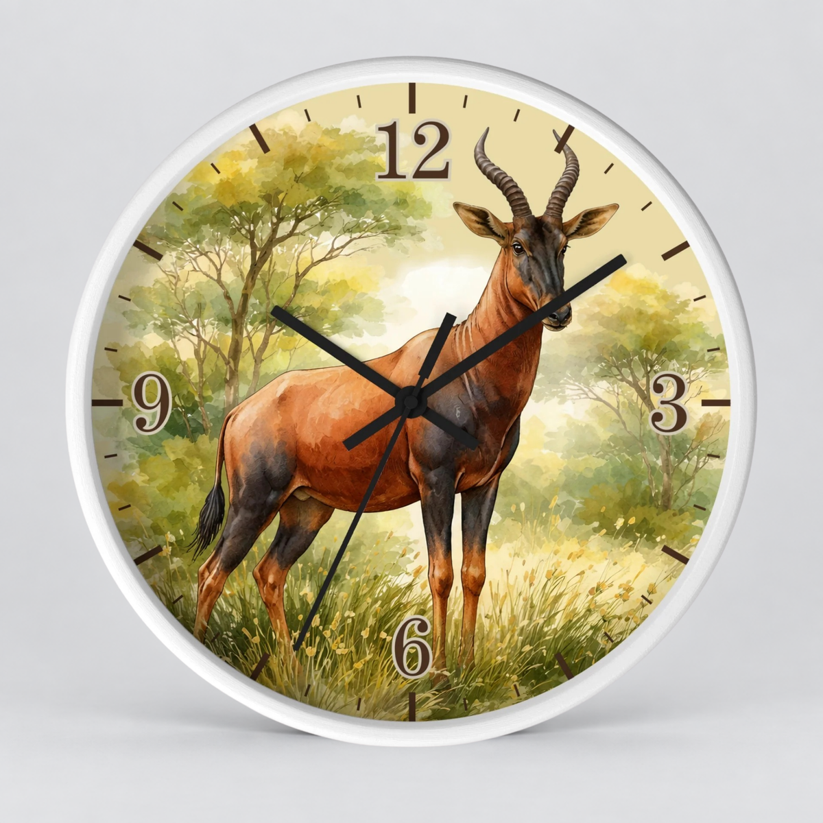 African Topi Antelope Wall Clock — Watercolor Wildlife Home Decor