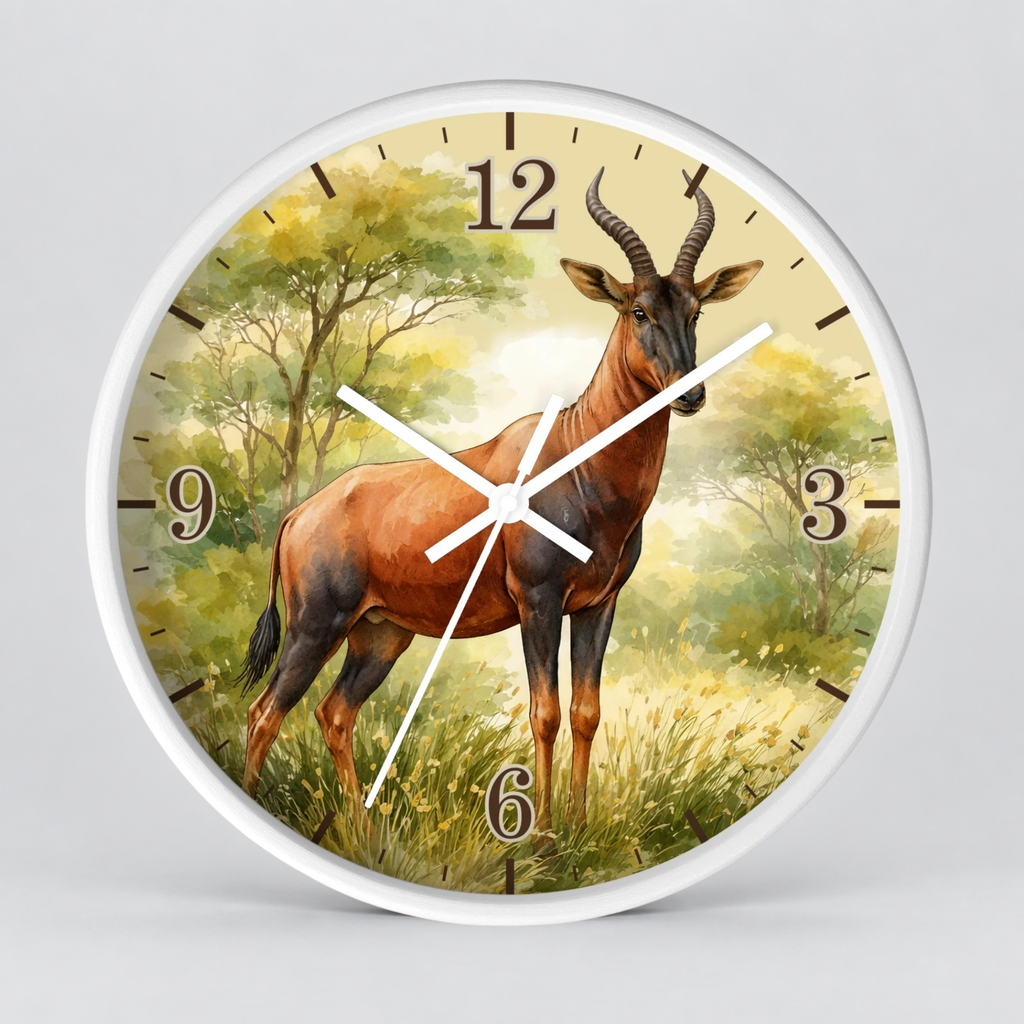 African Topi Antelope Wall Clock — Watercolor Wildlife Home Decor