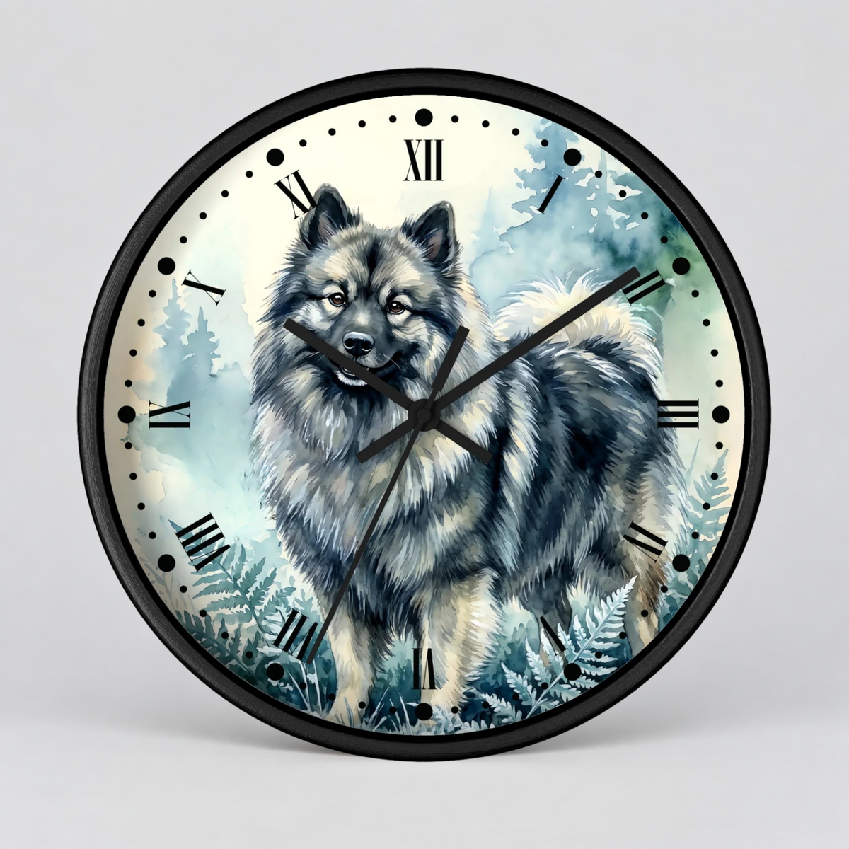 Round wall clock with a black frame and a printed illustration of a fluffy gray and white dog standing in a misty blue forest. The clock face has black Roman numerals and black hands, photographed on a light gray background.