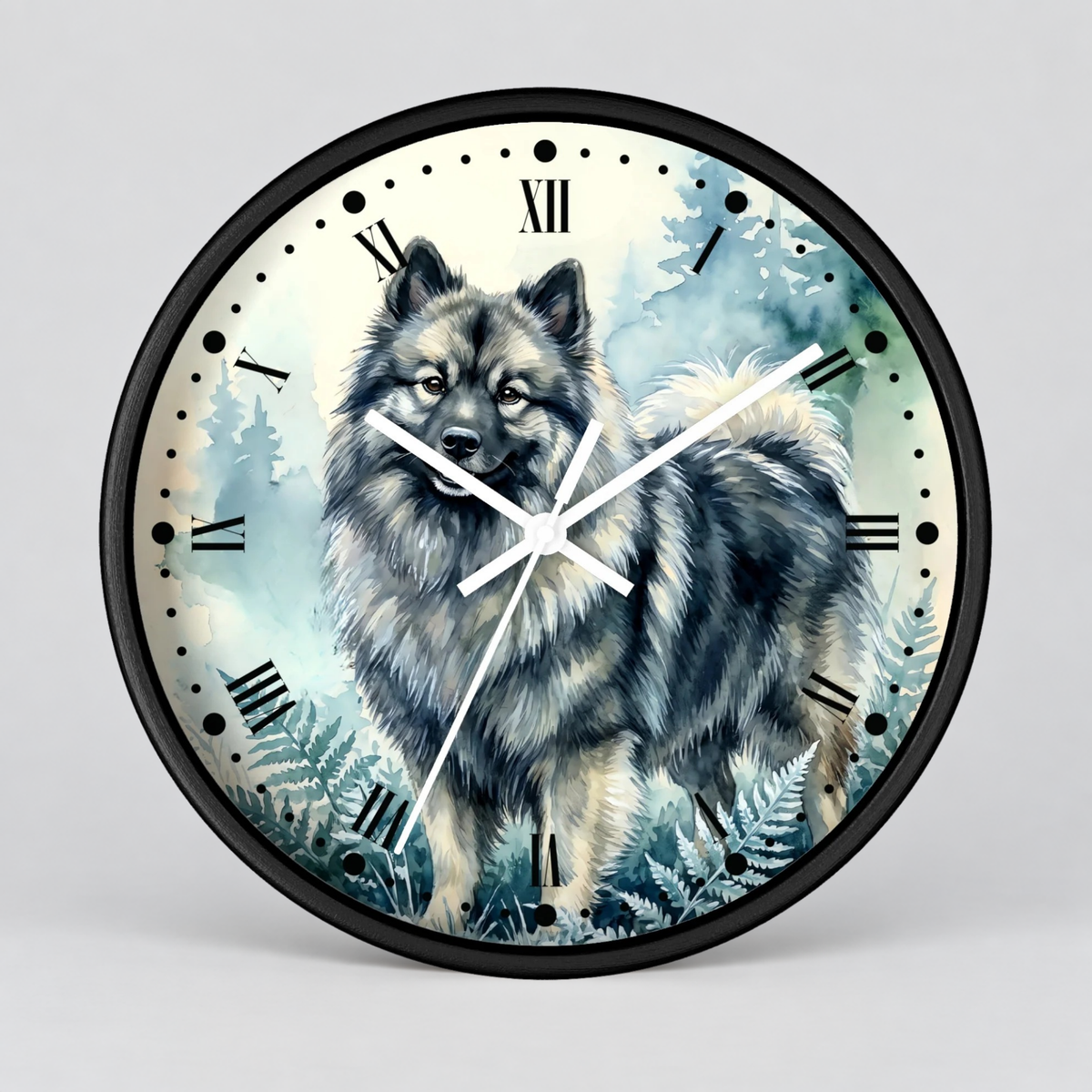 Round wall clock with a black frame and a printed illustration of a fluffy gray and white dog standing in a misty blue forest. The clock face has black Roman numerals and black hour markers, with white hands, shown on a light gray background.