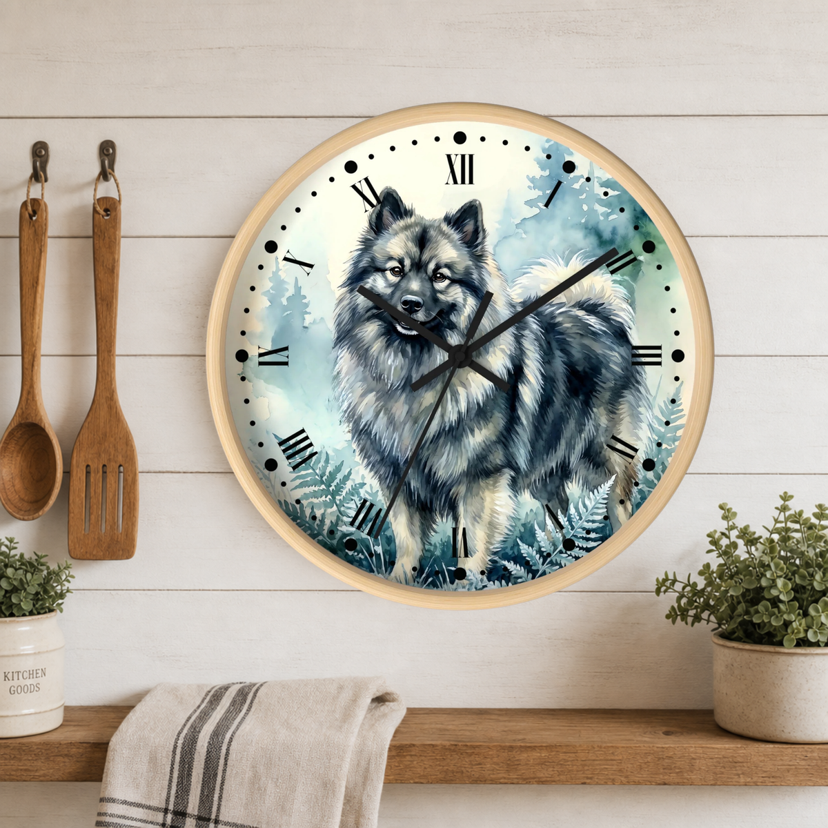 Alaskan Malamute Forest Wall Clock — Watercolor Dog Art Decor