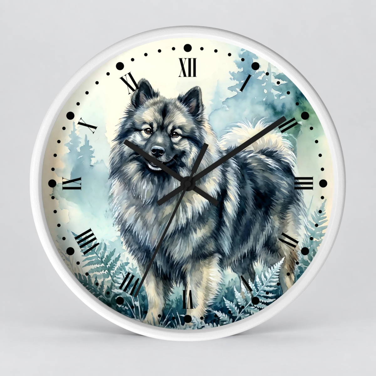 Round wall clock with a white frame and a printed illustration of a fluffy gray and cream dog standing in a misty blue forest. The clock face uses black Roman numerals for hour markers and black hands.