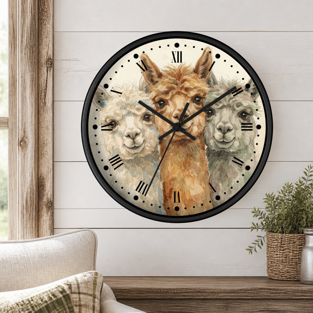 A round wall clock with a black frame and a cream-colored face featuring three alpaca illustrations, mounted on a white shiplap wall above a wooden mantel with a small plant.