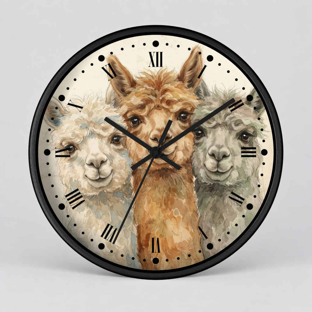 Round wall clock with a black frame and a printed alpaca illustration on the face, featuring black Roman numerals and black clock hands on a light gray background.