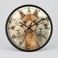 Round wall clock with a black frame and a printed alpaca illustration on the face, featuring black Roman numerals and black clock hands on a light gray background.