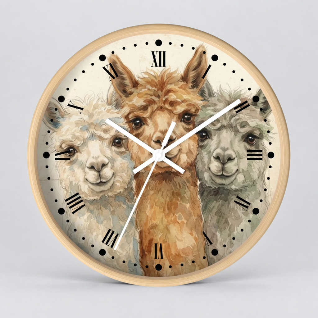 Round wall clock with a light wood frame and a printed alpaca illustration on the face, featuring black Roman numerals and white clock hands on a light gray background.