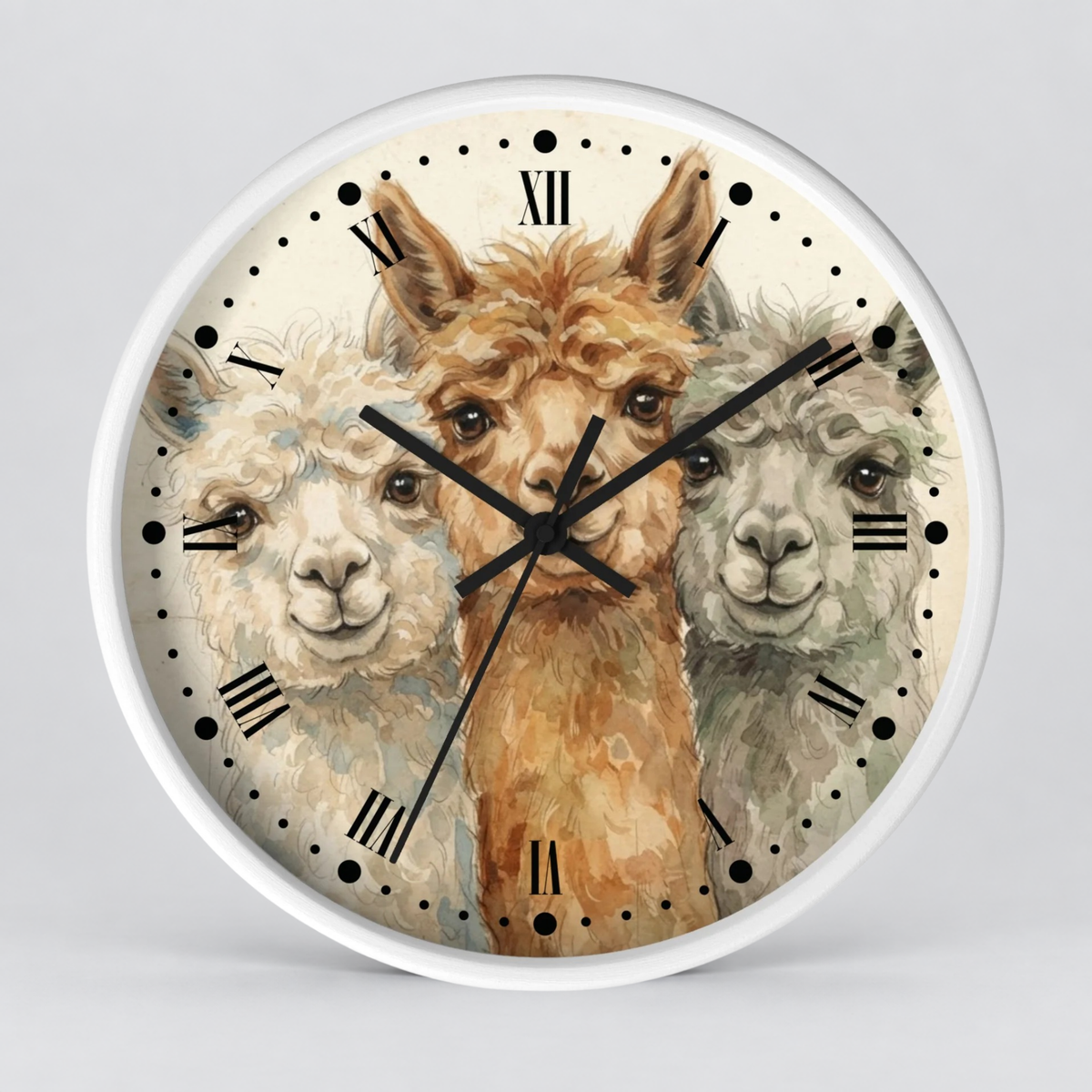 Round wall clock with a white frame and a printed alpaca illustration on the face, featuring black Roman numerals and black clock hands on a light gray background.