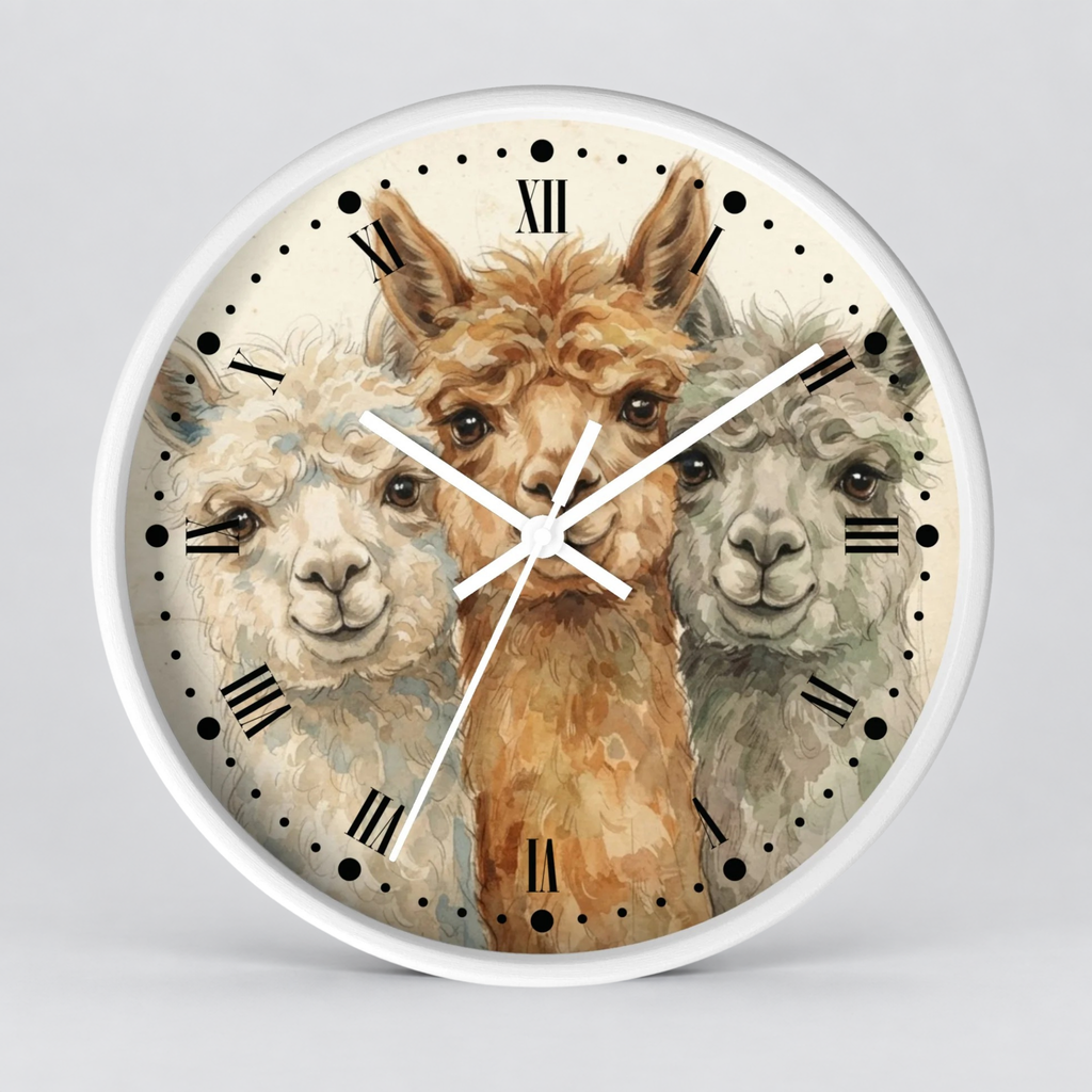 Round wall clock with a white frame and a printed alpaca illustration on the face, featuring black Roman numerals and white clock hands on a light gray background.