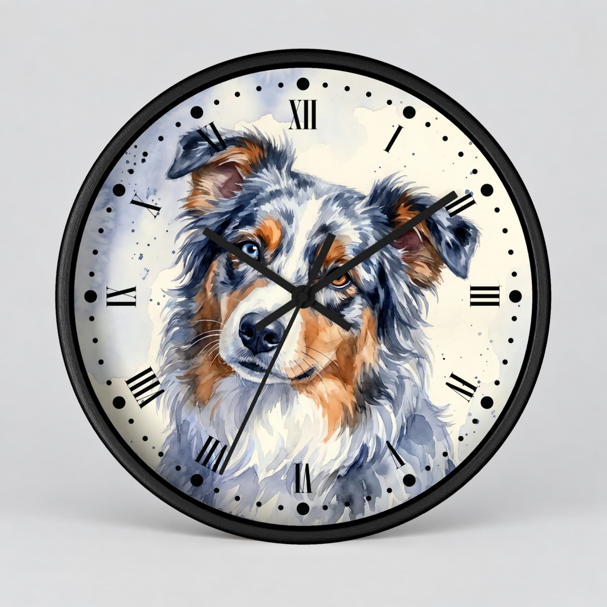 Round wall clock with a black frame and a printed illustration of an Australian Shepherd dog on the face, with black Roman numerals and hands, shown against a light gray background.