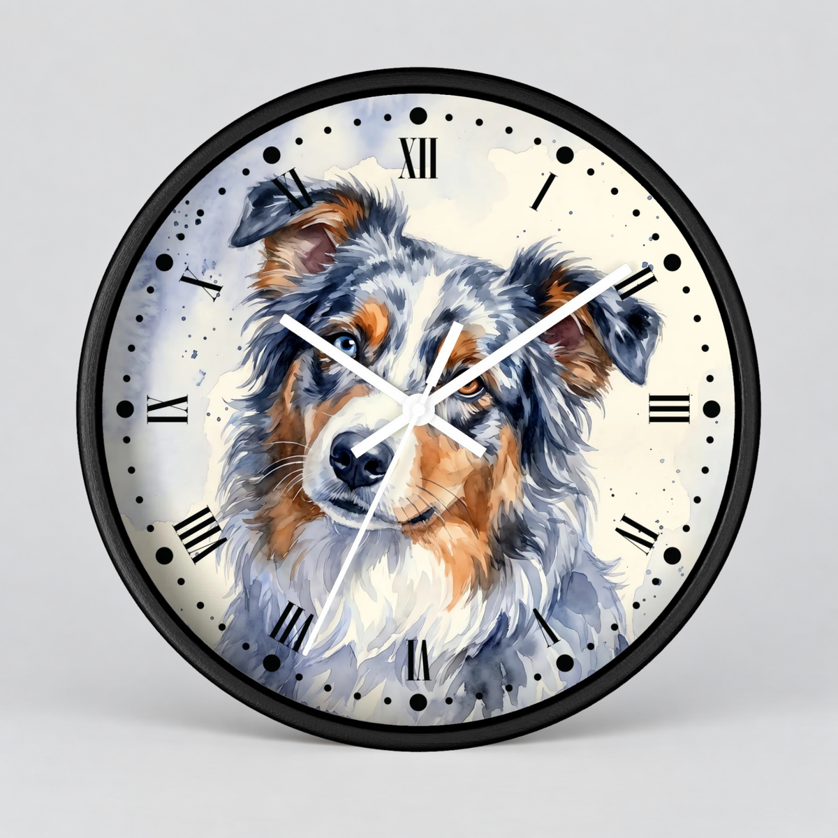 Round wall clock with a black frame and a printed illustration of an Australian Shepherd dog on the face, with black Roman numerals and white clock hands, shown against a light gray background.