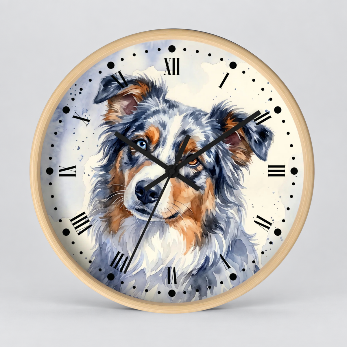 Round wall clock with a light wood frame and a printed illustration of an Australian Shepherd dog on the face, with black Roman numerals and hands on a light gray background.