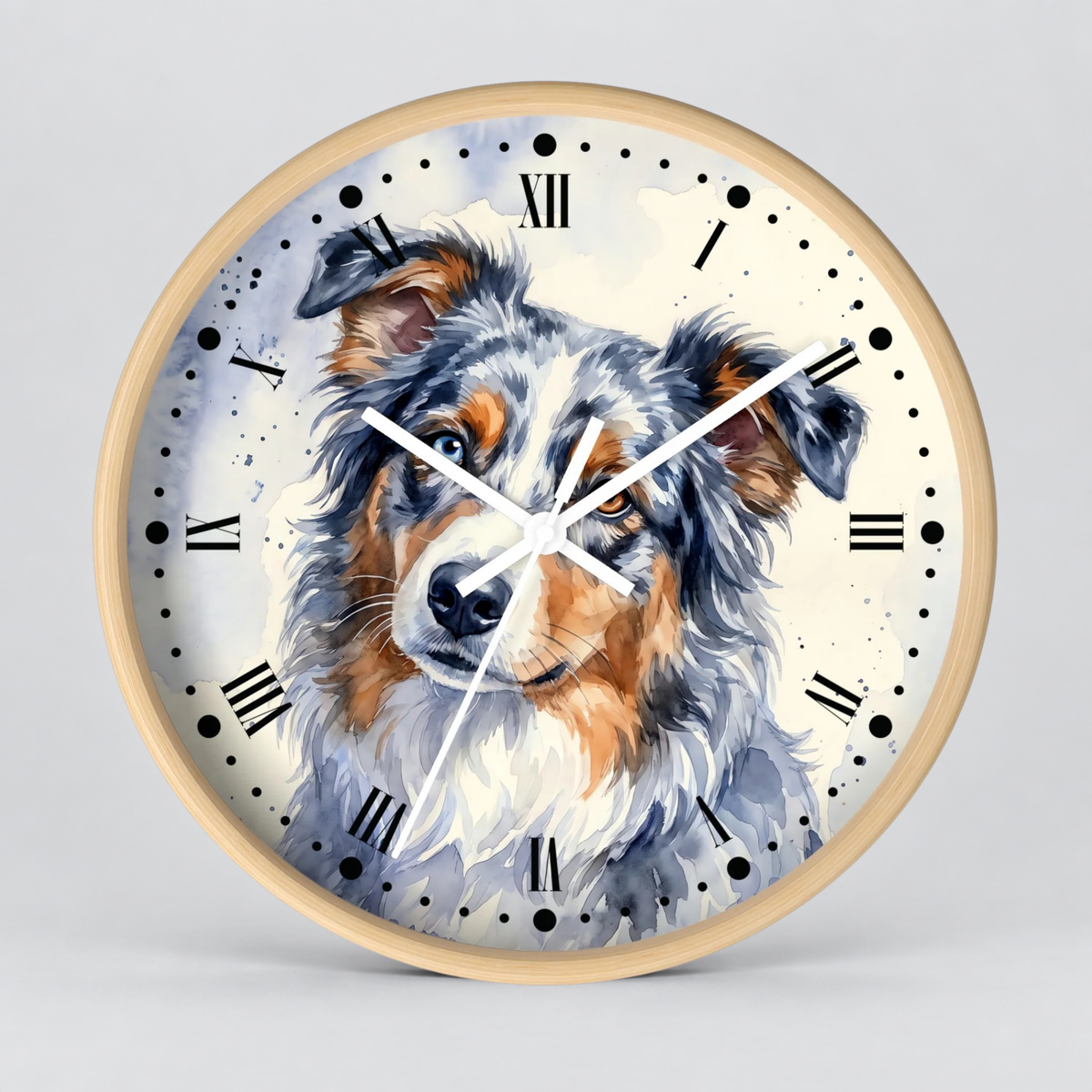 Round wall clock with a light wood frame and a printed illustration of an Australian Shepherd dog on the face. The clock has black Roman numerals and white hands against a light gray background.