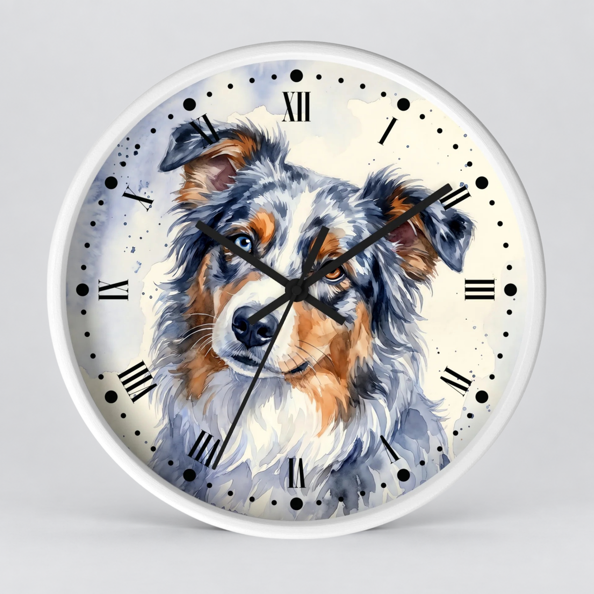Round wall clock with a white frame and a printed watercolor-style portrait of a blue-gray and white dog on the face, with black Roman numerals and black clock hands, shown against a light gray background.