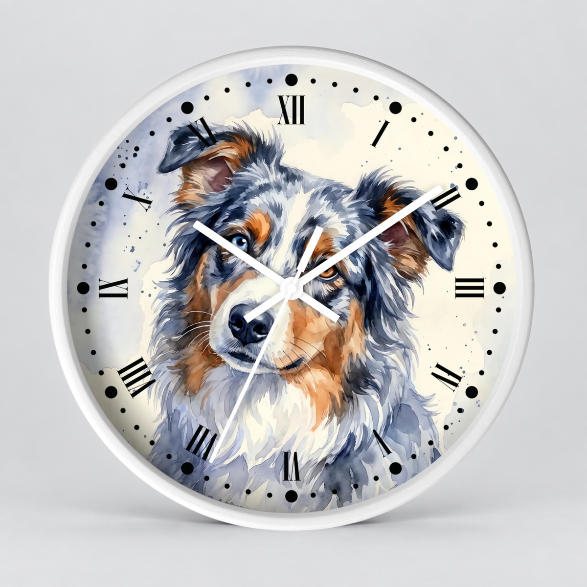 A round wall clock with a white frame and a printed illustration of an Australian Shepherd dog on the face, set against a light gray background.