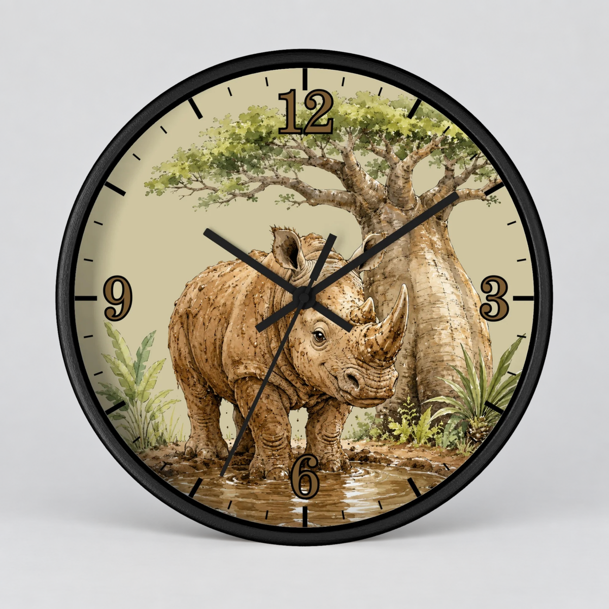 A round wall clock with a black frame and a printed safari illustration featuring a rhinoceros, acacia tree, and acacia-style tree on a light beige background, with black Arabic numerals and black clock hands.