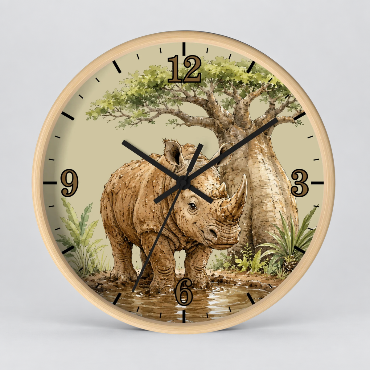 Round wall clock with a light wood frame featuring a safari illustration of a rhinoceros, acacia tree, and plants on the face, with black numerals and hands on a light gray background.