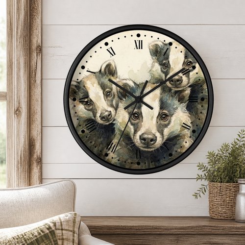 A round wall clock with a black frame and a printed design of three badgers on the face, mounted on a white shiplap wall above a wooden shelf with a plant and part of a sofa visible.