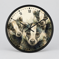 Round wall clock with a black frame and a watercolor-style illustration of three badgers on the face, with black Roman numerals and clock hands on a light gray background.
