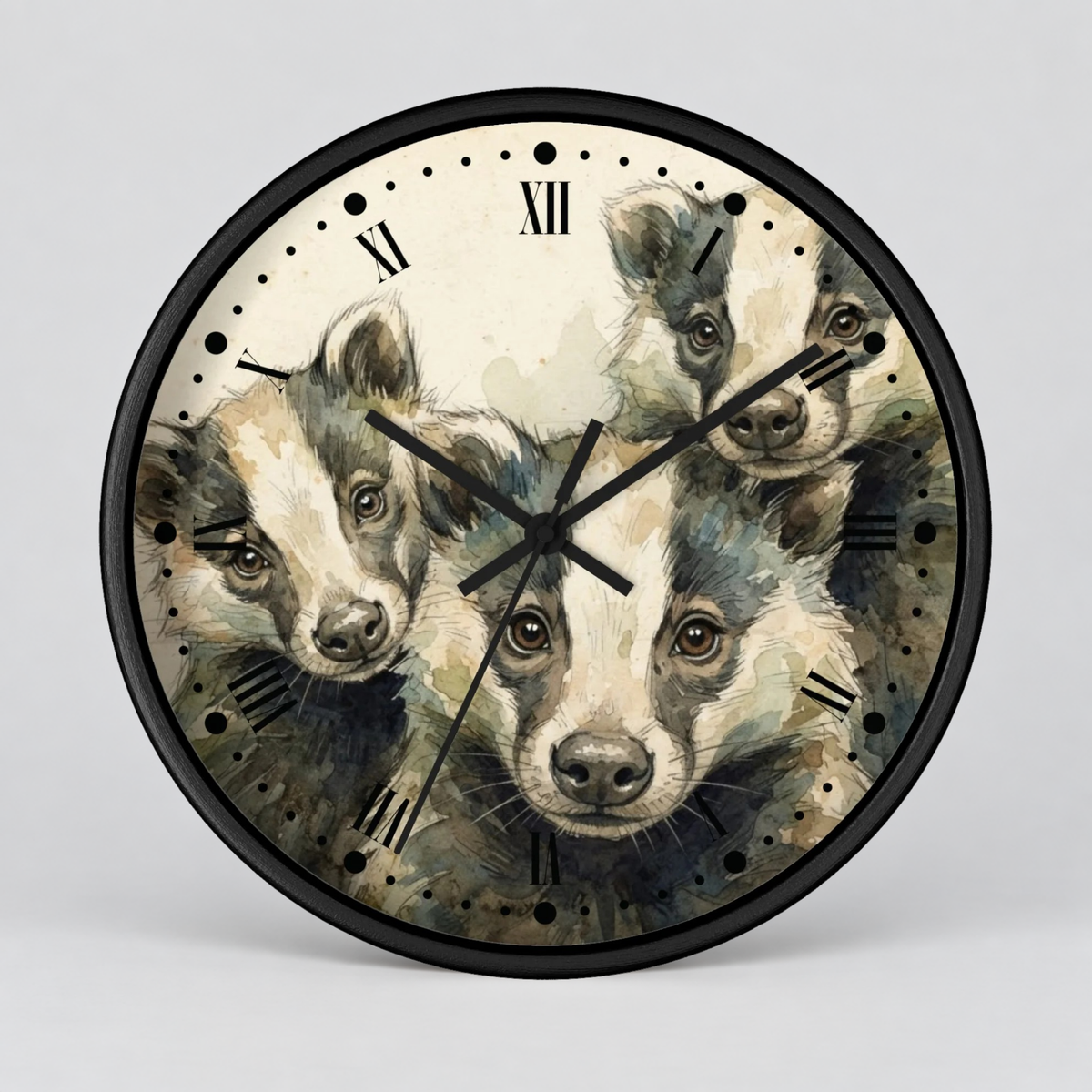 Round wall clock with a black frame and a watercolor-style illustration of three badgers on the face, with black Roman numerals and clock hands on a light gray background.