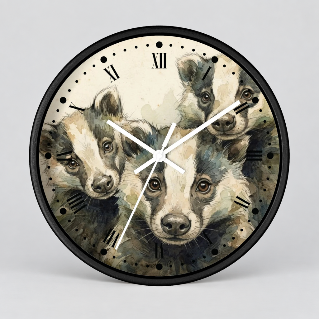 Round wall clock with a black frame and a watercolor-style print of three badgers on the face, with black Roman numerals and white clock hands, shown on a light gray background.