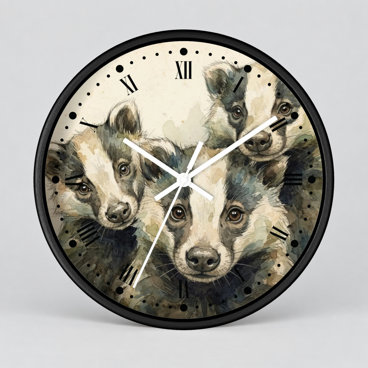 Round wall clock with a black frame and a watercolor-style print of three badgers on the face, with black Roman numerals and white clock hands, shown on a light gray background.