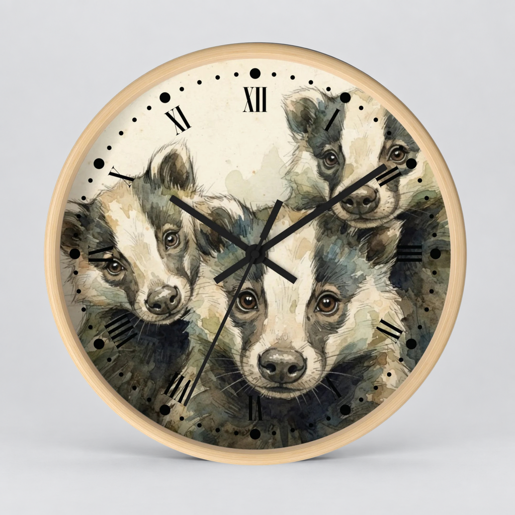 Round wall clock with a light wood frame and a printed face featuring three badgers in a watercolor style, with black Roman numerals and clock hands on a light gray background.