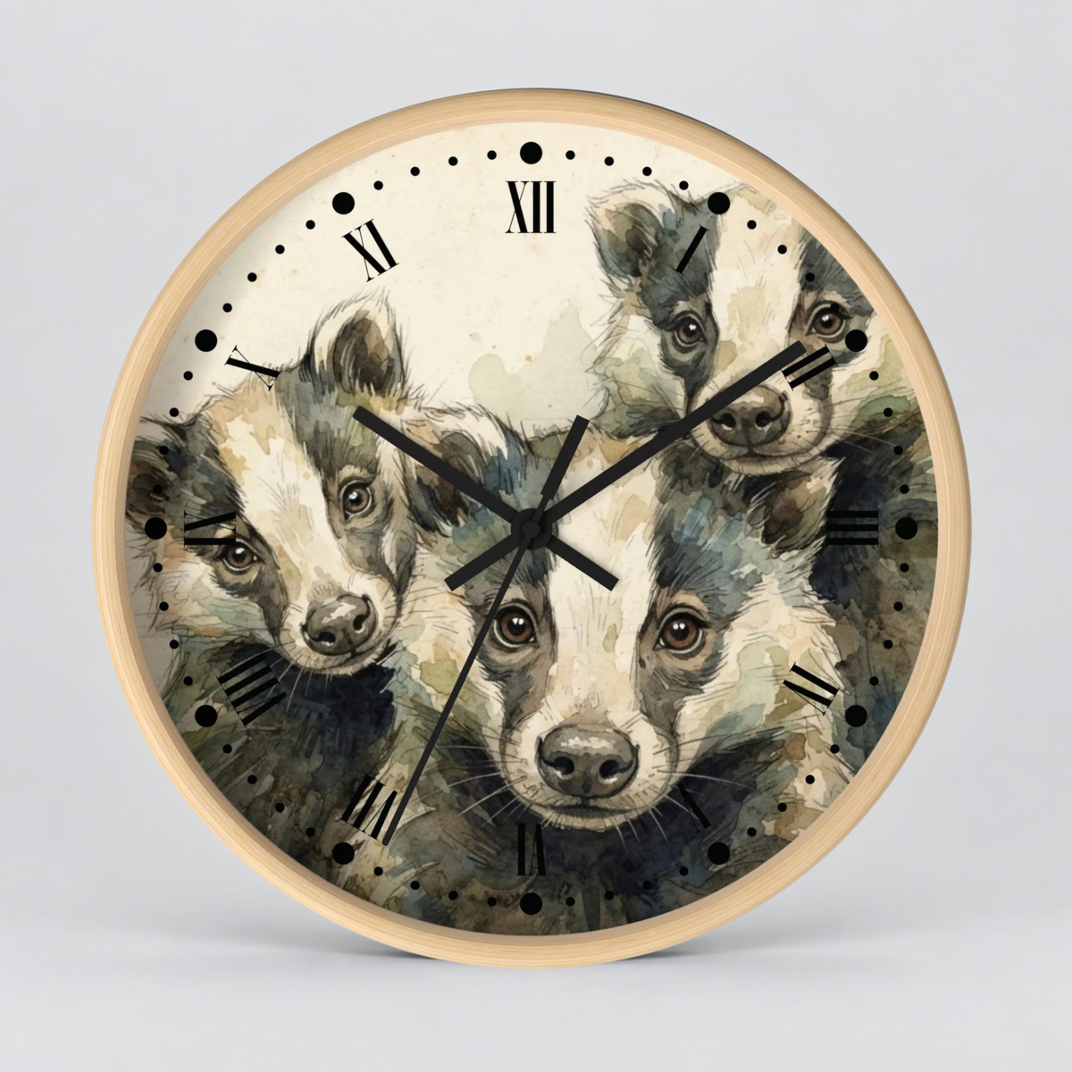 Round wall clock with a light wood frame and a printed face featuring three badgers in a watercolor style, with black Roman numerals and clock hands on a light gray background.