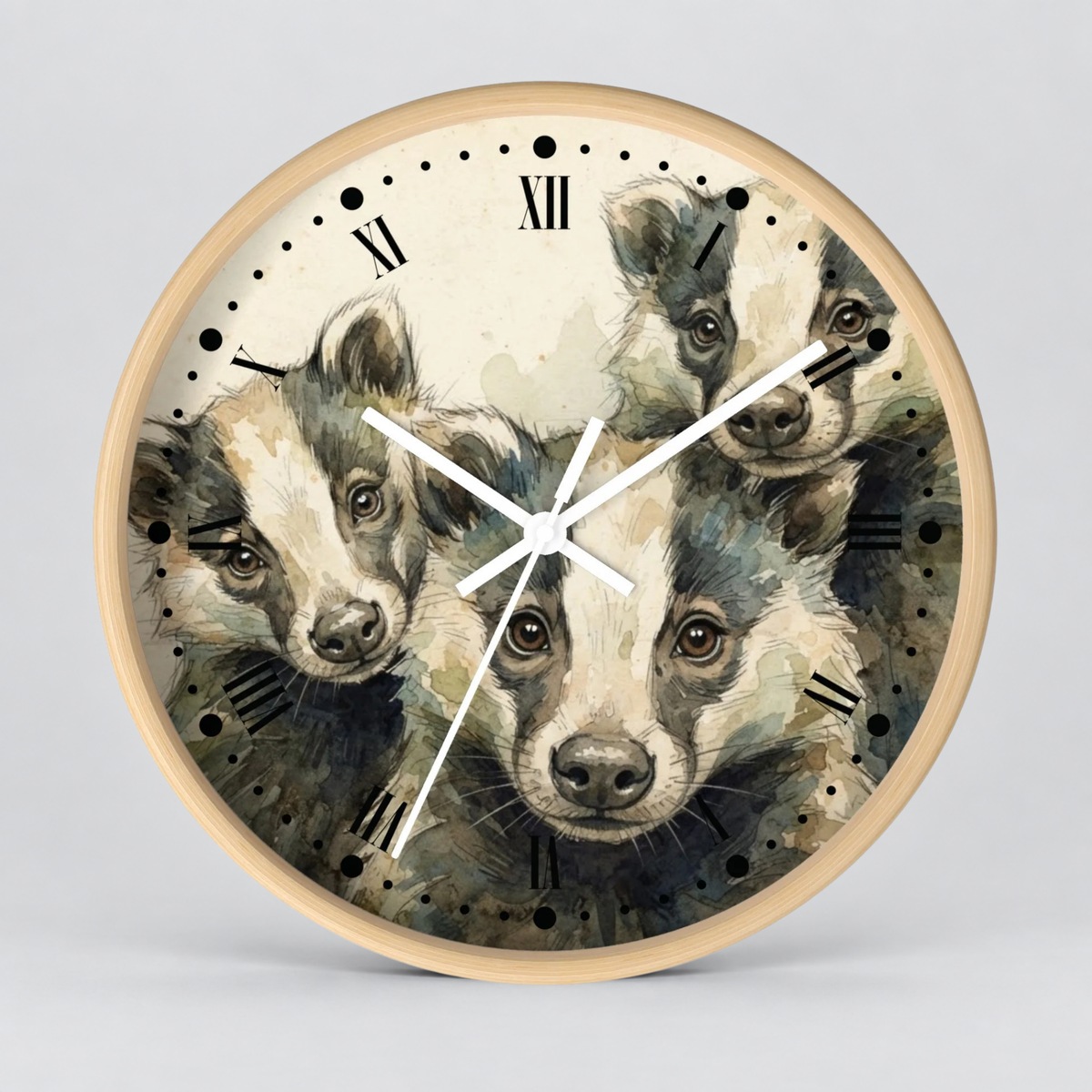 Round wall clock with a light wood frame and a watercolor-style face featuring four badgers. The clock has black Roman numerals and white hands on a light gray background.