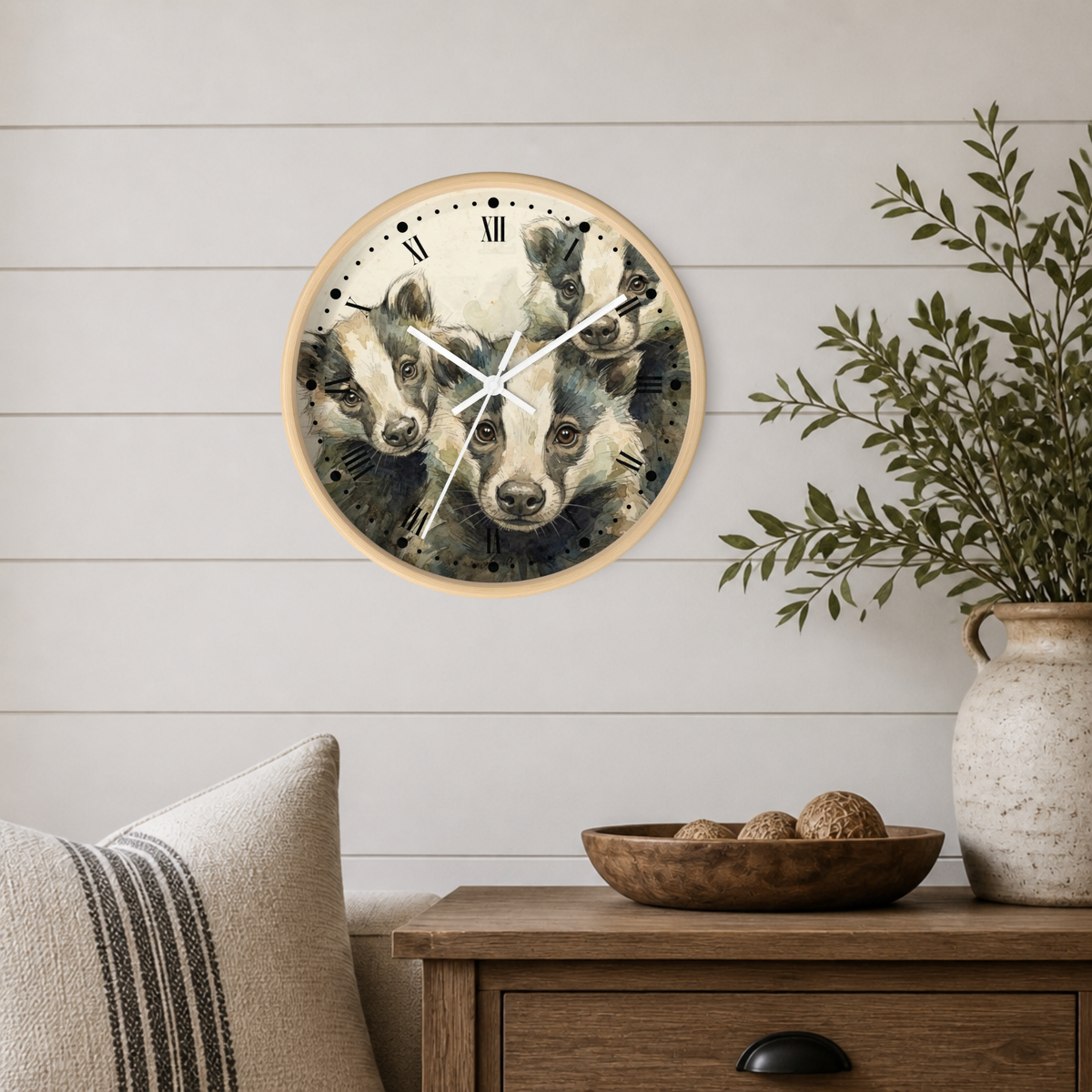 A round wall clock with a light wood frame and a detailed illustration of three badgers on the face, mounted on a white shiplap wall above a wooden side table with a plant and decorative bowl.